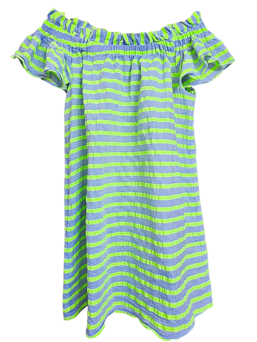 Corey Lynn Calter Anthropologie Ruffle Off The Shoulder Striped Neon Mini Dress